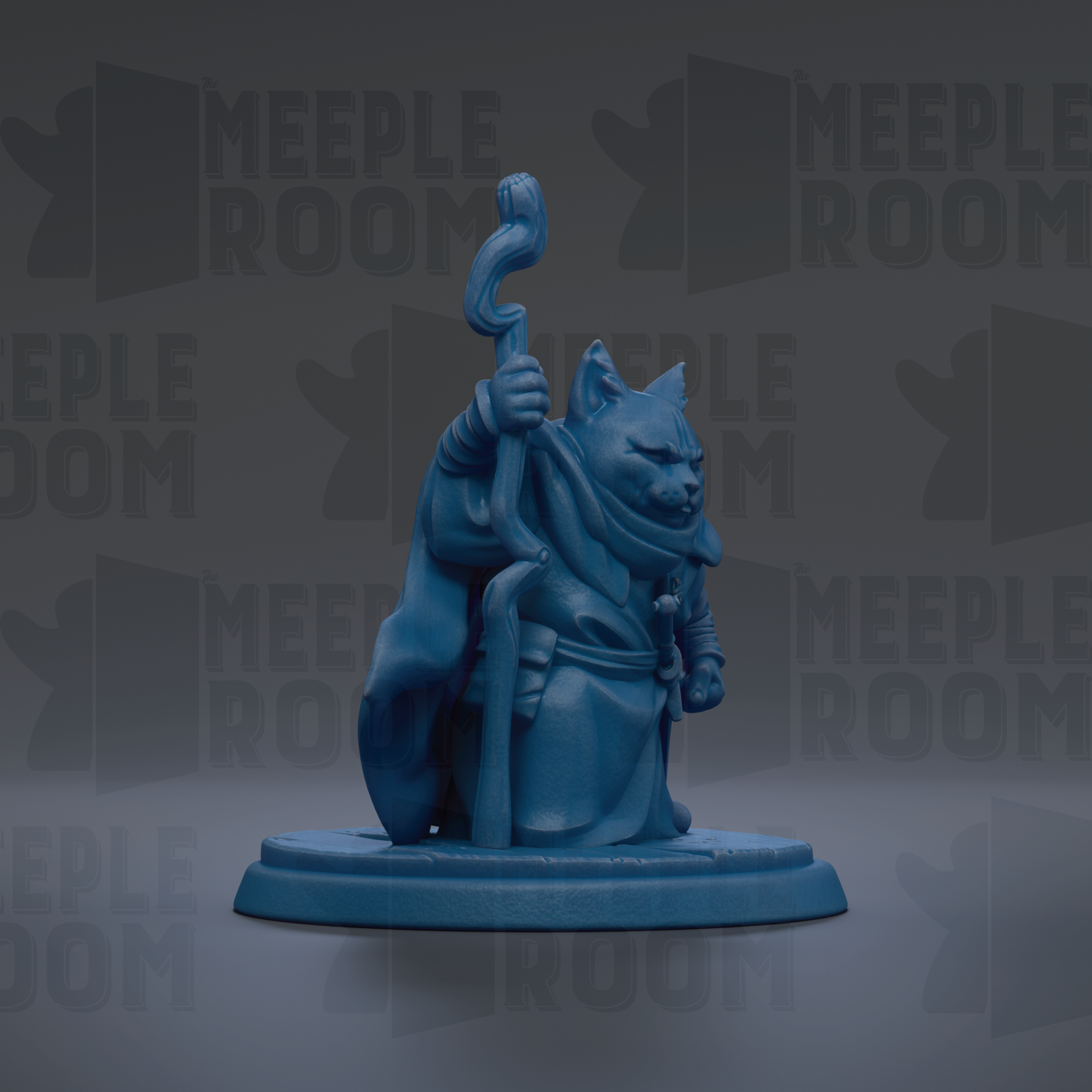 A blue figurine of a cat-like creature holding a staff and wearing a robe, sitting on a pedestal against a dark background with repeated text.