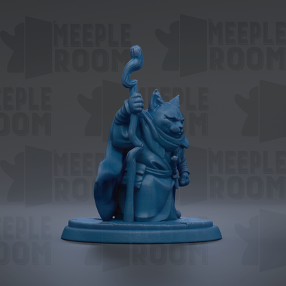A blue figurine of a cat-like creature holding a staff and wearing a robe, sitting on a pedestal against a dark background with repeated text.