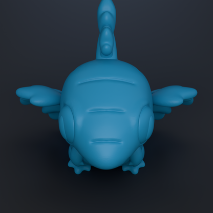 A 3D rendering of a blue, cartoonish-looking creature with wings and a pointed head, set against a dark background.