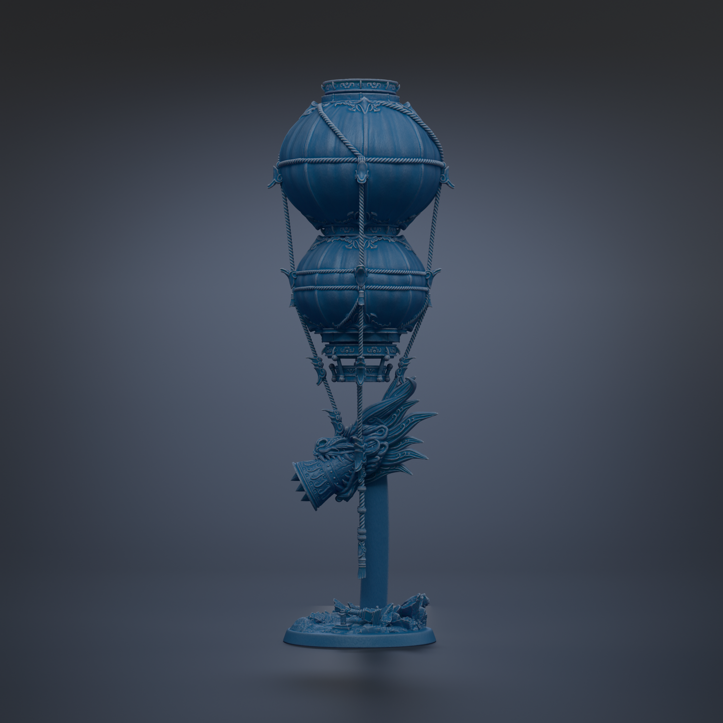 A blue, spherical sculpture with a dragon head and other decorative elements, standing on a base.