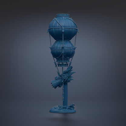 A blue, spherical sculpture with a dragon head and other decorative elements, standing on a base.