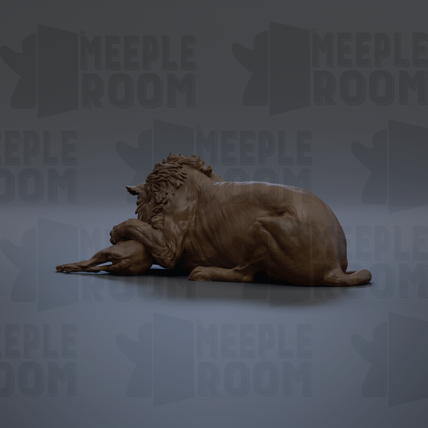 A 3D rendering of a brown sculpture depicting a horse with its head resting on its front legs, set against a gray background with repeated text.