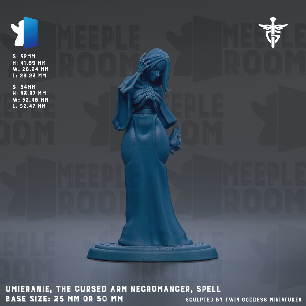 a figurine of a woman with a long, flowing dress and a hooded cloak, standing on a base. The figurine appears to be a fantasy character, possibly anecromancer or spell. The image is described as a "MEUPLE ROOM" and a "MEUPLE ROOM" based on the repeated text throughout the image. The figurine is described as "UMERIANIE, THE CURSED ARM NECROMANER, SPELL" and has a base size of either 25mm or 50mm. The image is described as a "SCULPTED BY TWIN GODESS MINIATURES" piece.