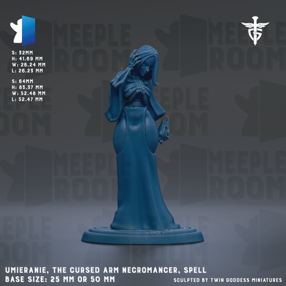a figurine of a woman with a long, flowing dress and a hooded cloak, standing on a base. The figurine appears to be a fantasy character, possibly anecromancer or spell. The image is described as a "MEUPLE ROOM" and a "MEUPLE ROOM" based on the repeated text throughout the image. The figurine is described as "UMERIANIE, THE CURSED ARM NECROMANER, SPELL" and has a base size of either 25mm or 50mm. The image is described as a "SCULPTED BY TWIN GODESS MINIATURES" piece.