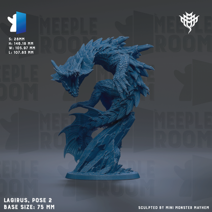 a blue, detailed figurine of a dragon-like creature, possibly a mythical or fantasy creature, posed in a dynamic, curled-up position. The figurine is described as a "Lagrus, pose 2" and has a base size of 7.5 mm.
