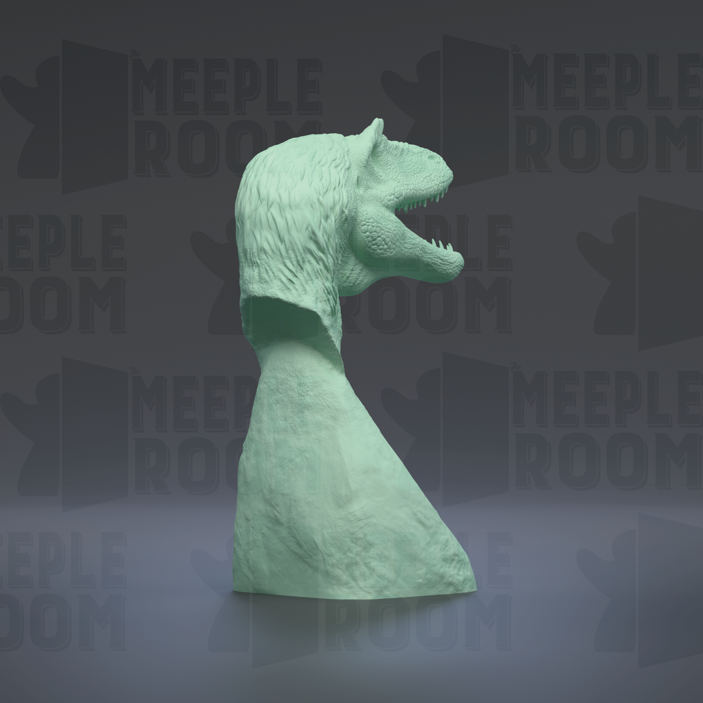 A green dinosaur head sculpture is displayed against a dark background with repeated text.