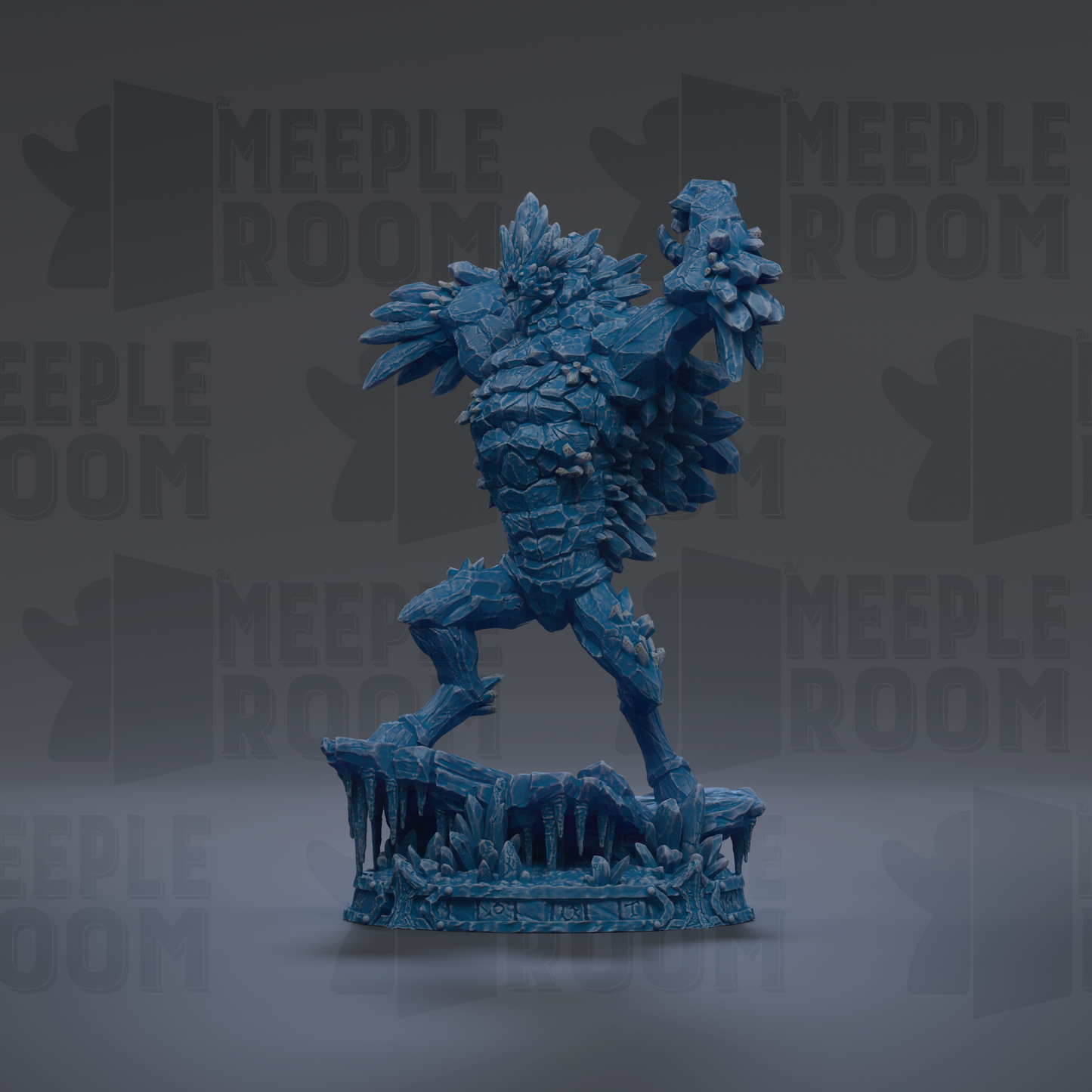 A blue, icy statue of a creature with sharp, jagged features stands prominently against a dark background with repeated "MEIPLE ROOM" text.
