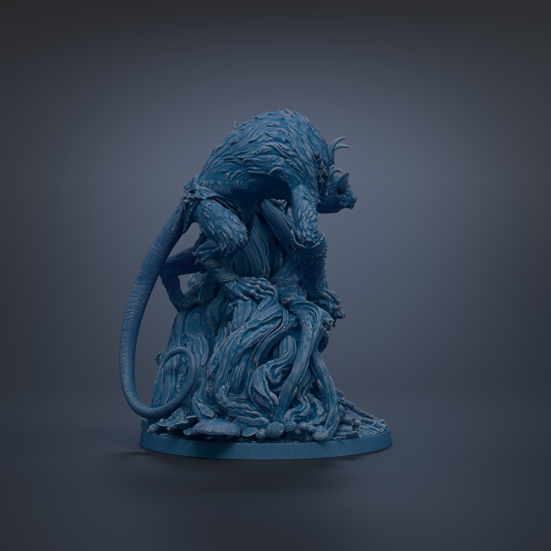 A 3D rendering of a blue, fantastical creature resembling a dragon or serpent, sitting on a rock or pedestal against a dark background.