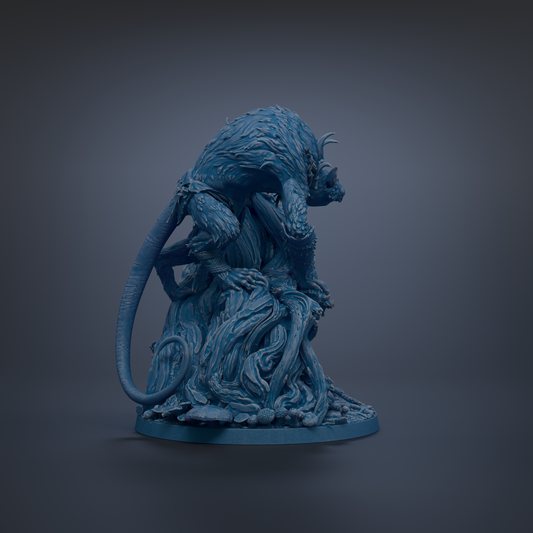 A 3D rendering of a blue, fantastical creature resembling a dragon or serpent, sitting on a rock or pedestal against a dark background.
