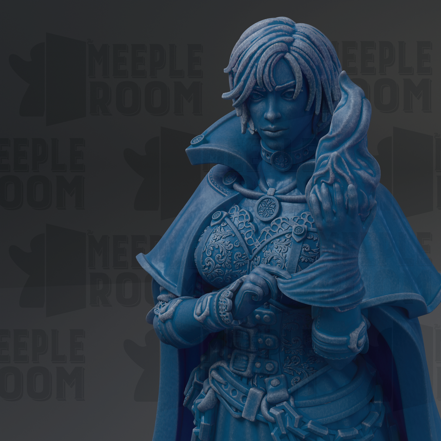 A close-up of a blue statue depicting a woman with intricate, ornate clothing and accessories.
