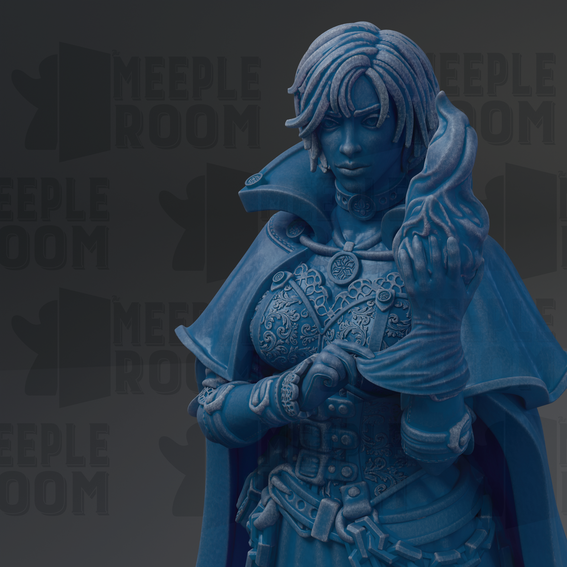 A close-up of a blue statue depicting a woman with intricate, ornate clothing and accessories.