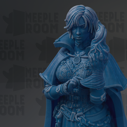 A close-up of a blue statue depicting a woman with intricate, ornate clothing and accessories.