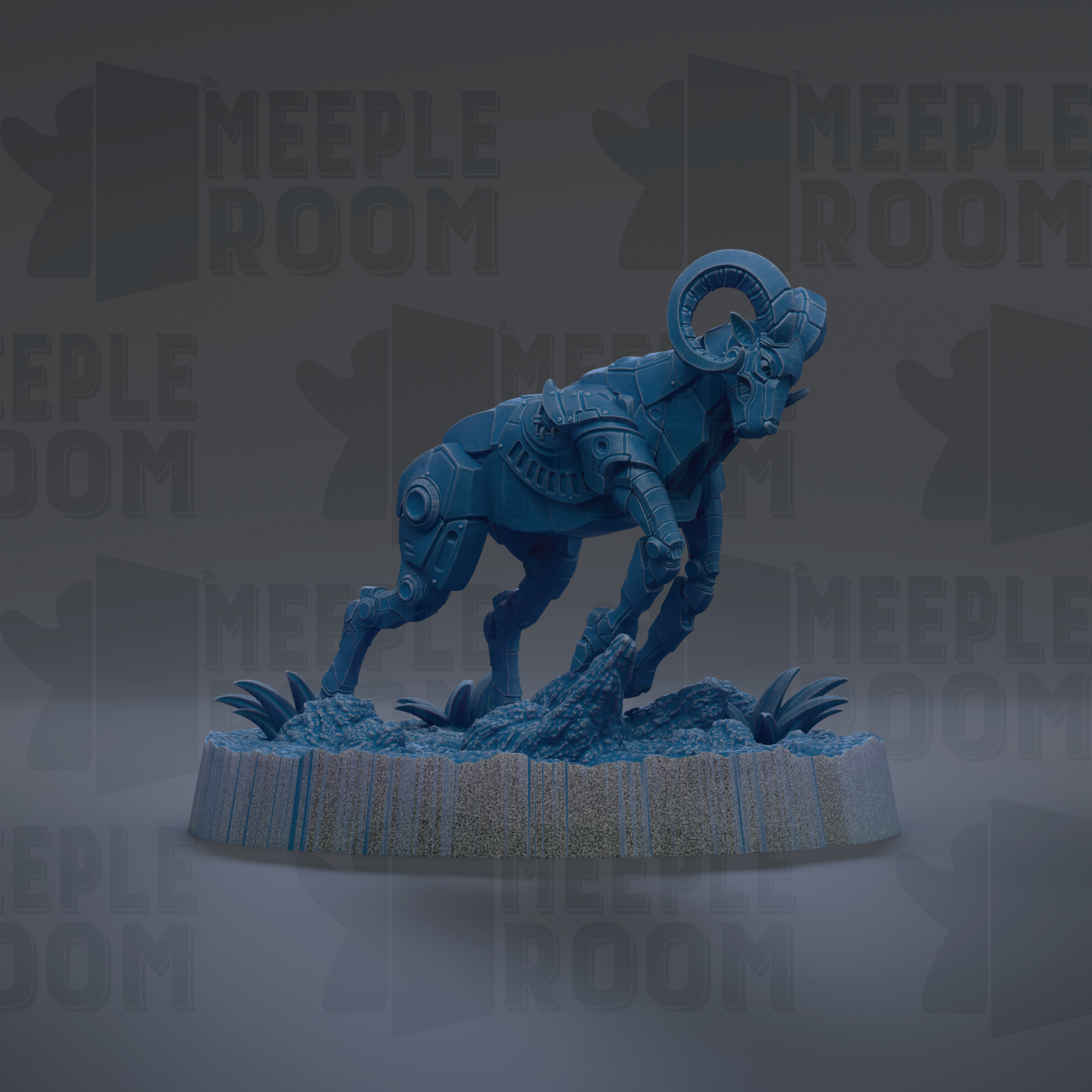A blue, mechanical ram figurine is displayed on a base, with the text "MEUPLE ROOM" repeated in the background.