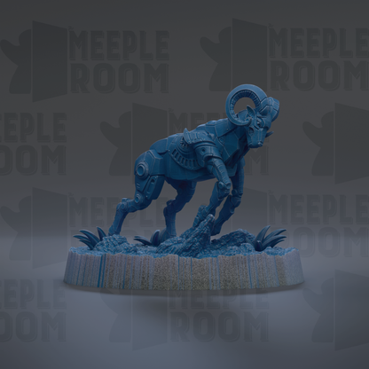 A blue, mechanical ram figurine is displayed on a base, with the text "MEUPLE ROOM" repeated in the background.