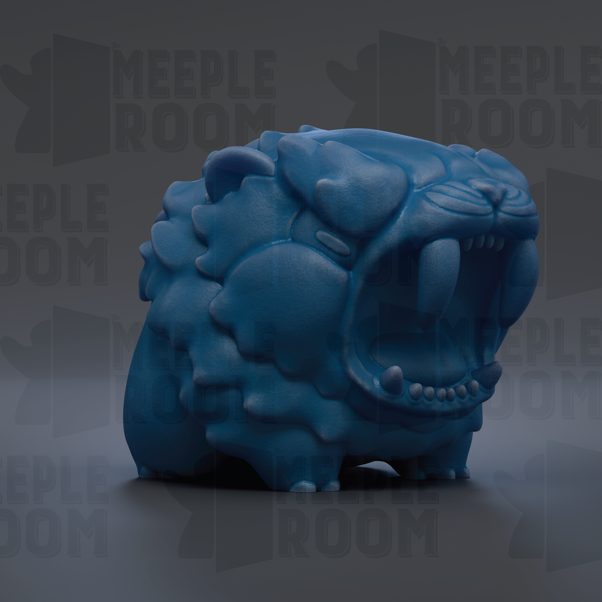 A blue, sculpted animal with an open mouth, resembling a fierce-looking creature.