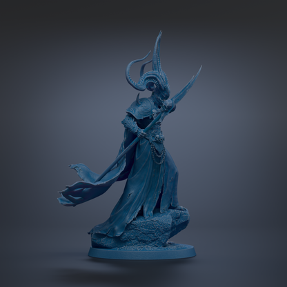 A blue statue of a fantastical creature with horns and a flowing cape, standing on a rock and holding a weapon.