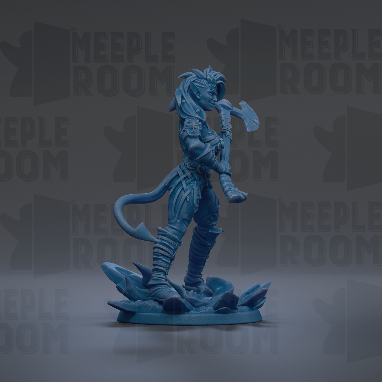 A blue figurine of a warrior-like character holding a sword and shield, standing on a rocky base against a dark background with repeated text.