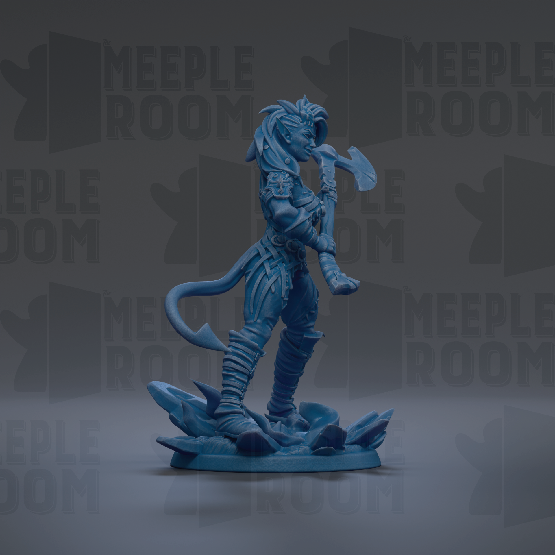 A blue figurine of a warrior-like character holding a sword and shield, standing on a rocky base against a dark background with repeated text.