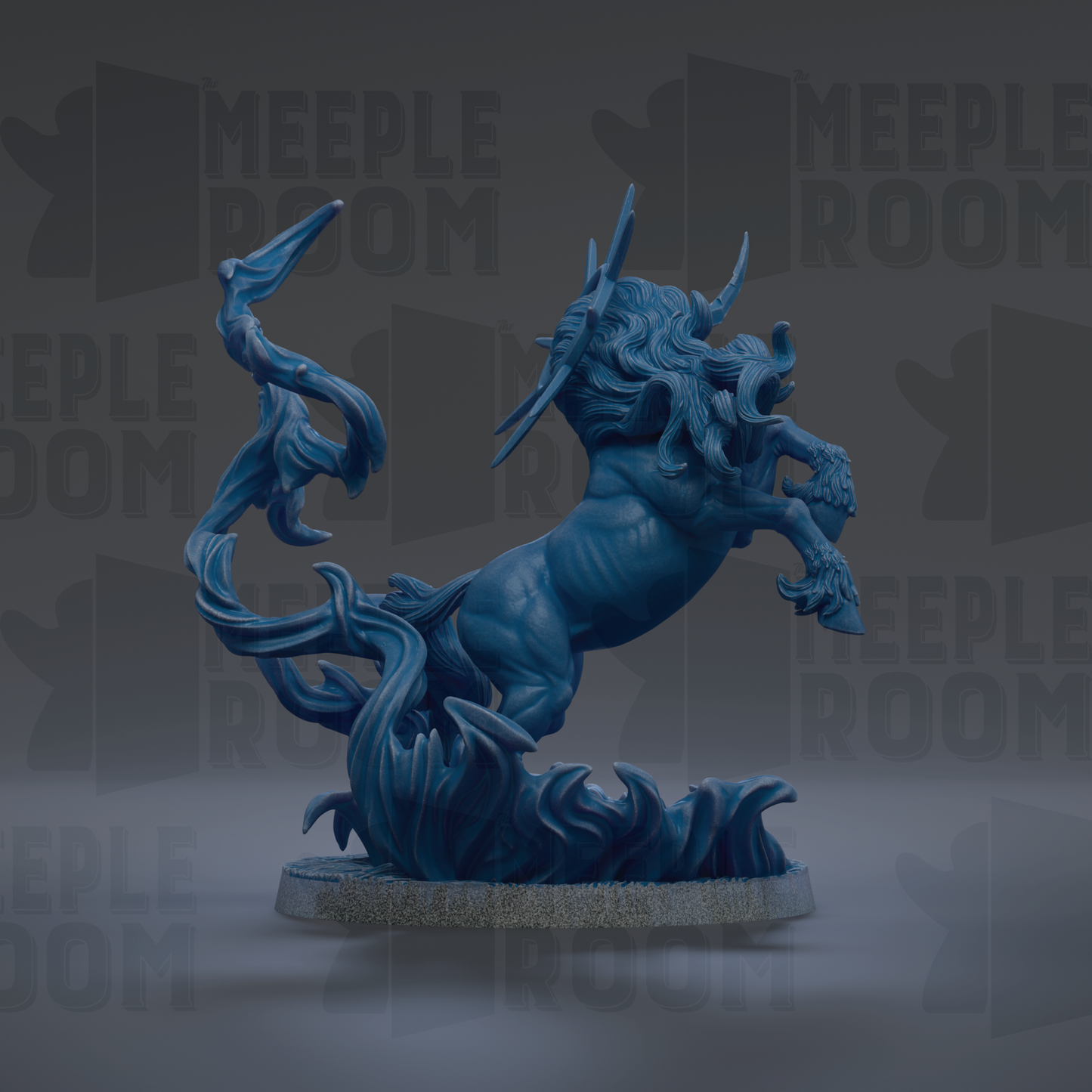 A blue, fantastical creature resembling a mythical or magical being, with horns, wings, and flowing, organic shapes, is depicted in the image.