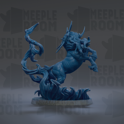 A blue, fantastical creature resembling a mythical or magical being, with horns, wings, and flowing, organic shapes, is depicted in the image.