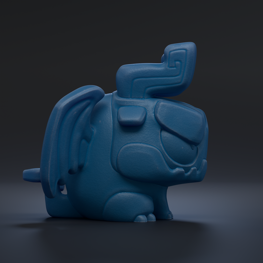 A blue, winged, cartoon-like creature with a pointed nose and a large, curved horn on its head, sitting on a dark surface.