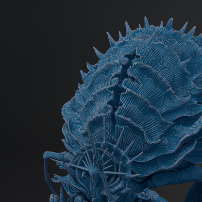 A detailed 3D rendering of a blue, spiky creature with intricate patterns and textures, set against a dark background.