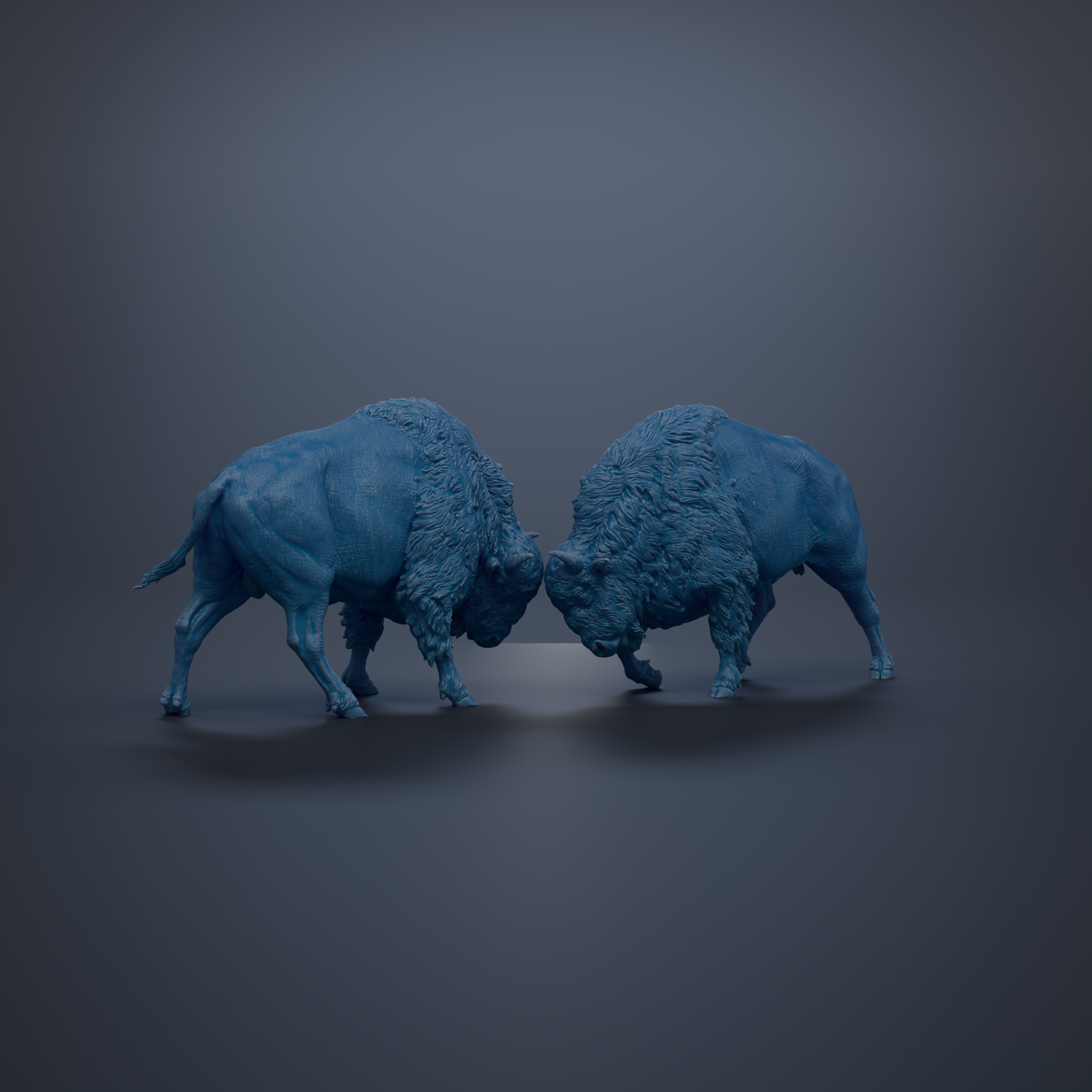 Two blue buffalo statues facing each other, appearing to engage in a confrontation.