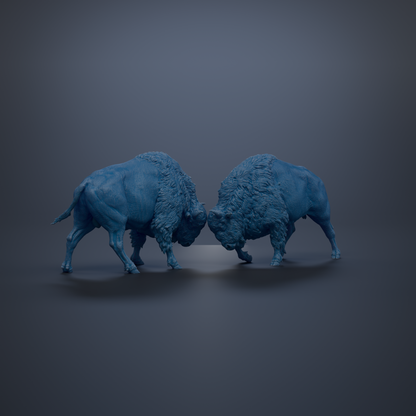 Two blue buffalo statues facing each other, appearing to engage in a confrontation.
