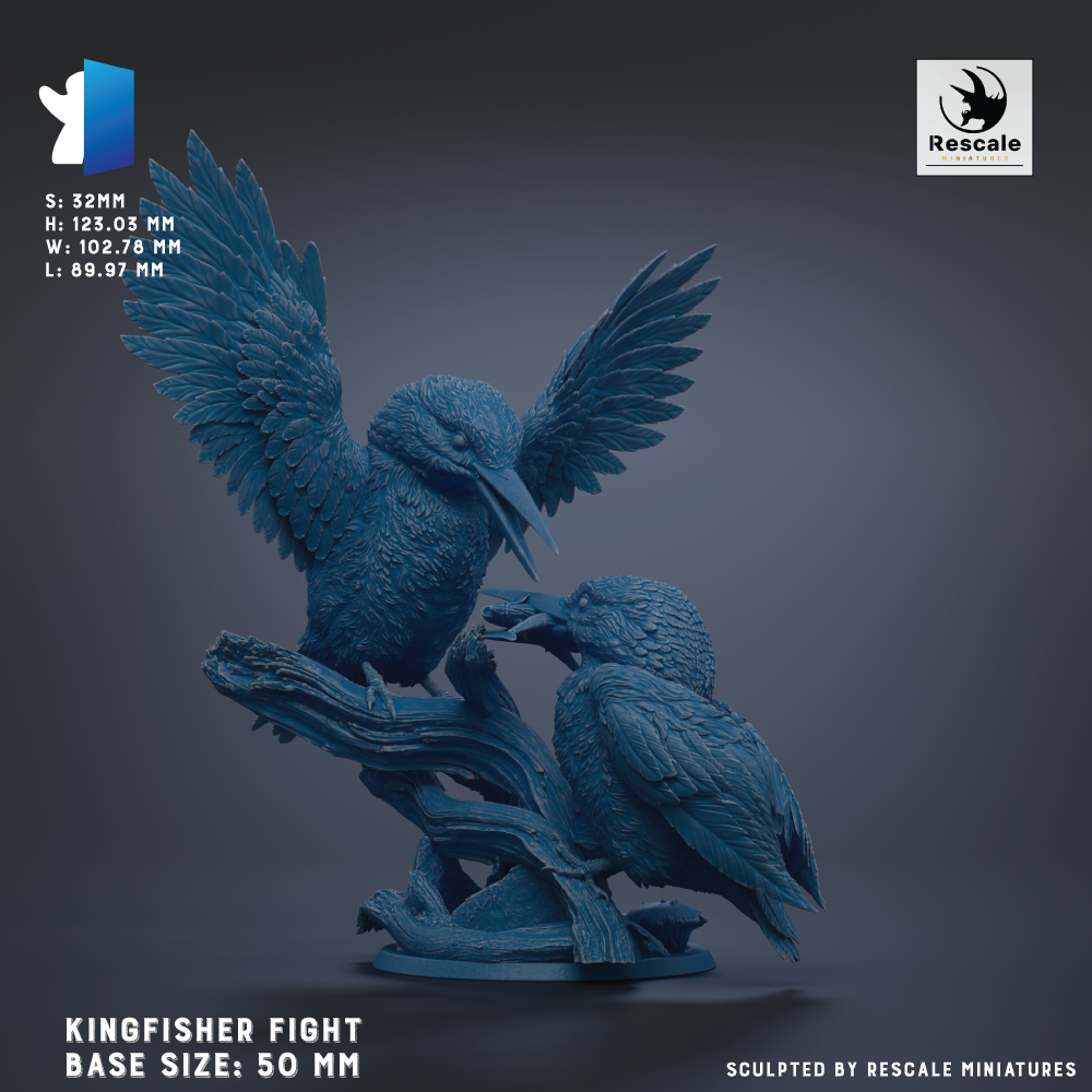 A 3D model of a Kingfisher bird, a type of wading bird, with its wings spread wide. The bird is depicted in a dynamic pose, with its beak open and its body oriented towards the right side of the image. The base size of the sculpture is 50 millimeters.