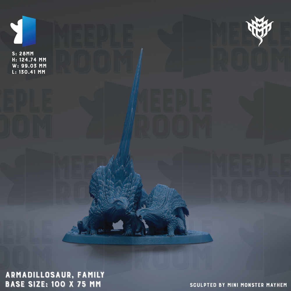 a blue figurine of an Armadilloaur, a family-sized toy, with a base size of 100 x 75 mm.