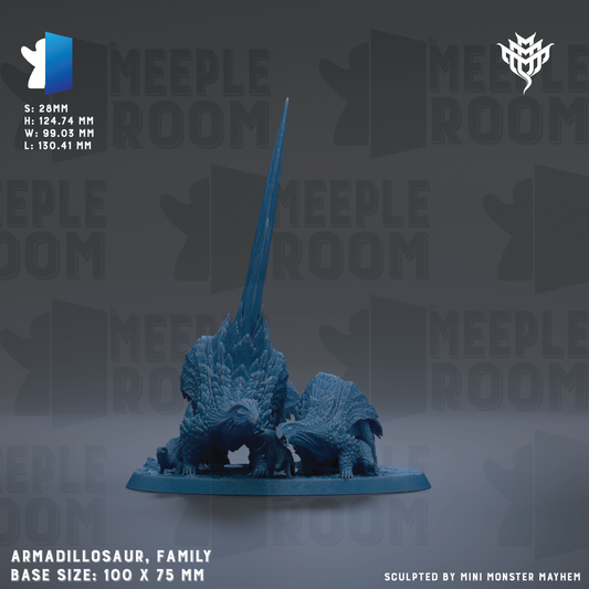 a blue figurine of an Armadilloaur, a family-sized toy, with a base size of 100 x 75 mm.