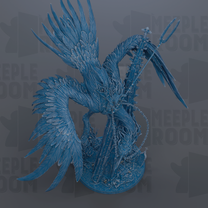 A detailed 3D rendering of a blue bird-like creature with outstretched wings, standing on a base and holding a weapon.