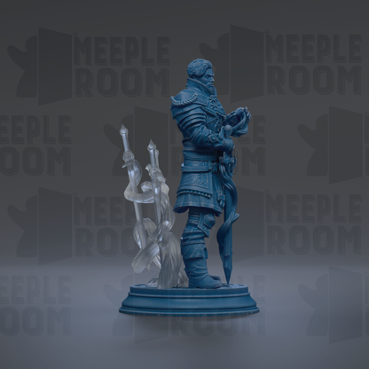 A blue statue of a man holding a sword and shield, standing on a pedestal.