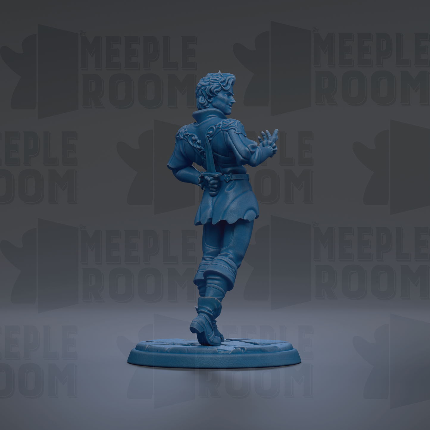 A blue figurine of a person standing on a base, with the text "MEUPLE ROOM" repeated in the background.