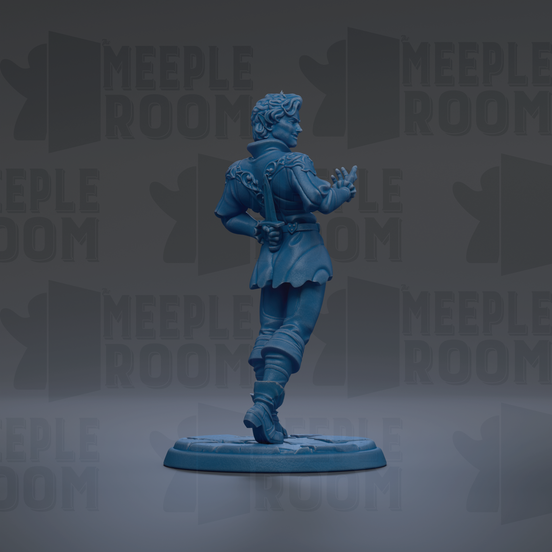 A blue figurine of a person standing on a base, with the text "MEUPLE ROOM" repeated in the background.