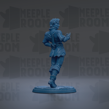 A blue figurine of a person standing on a base, with the text "MEUPLE ROOM" repeated in the background.