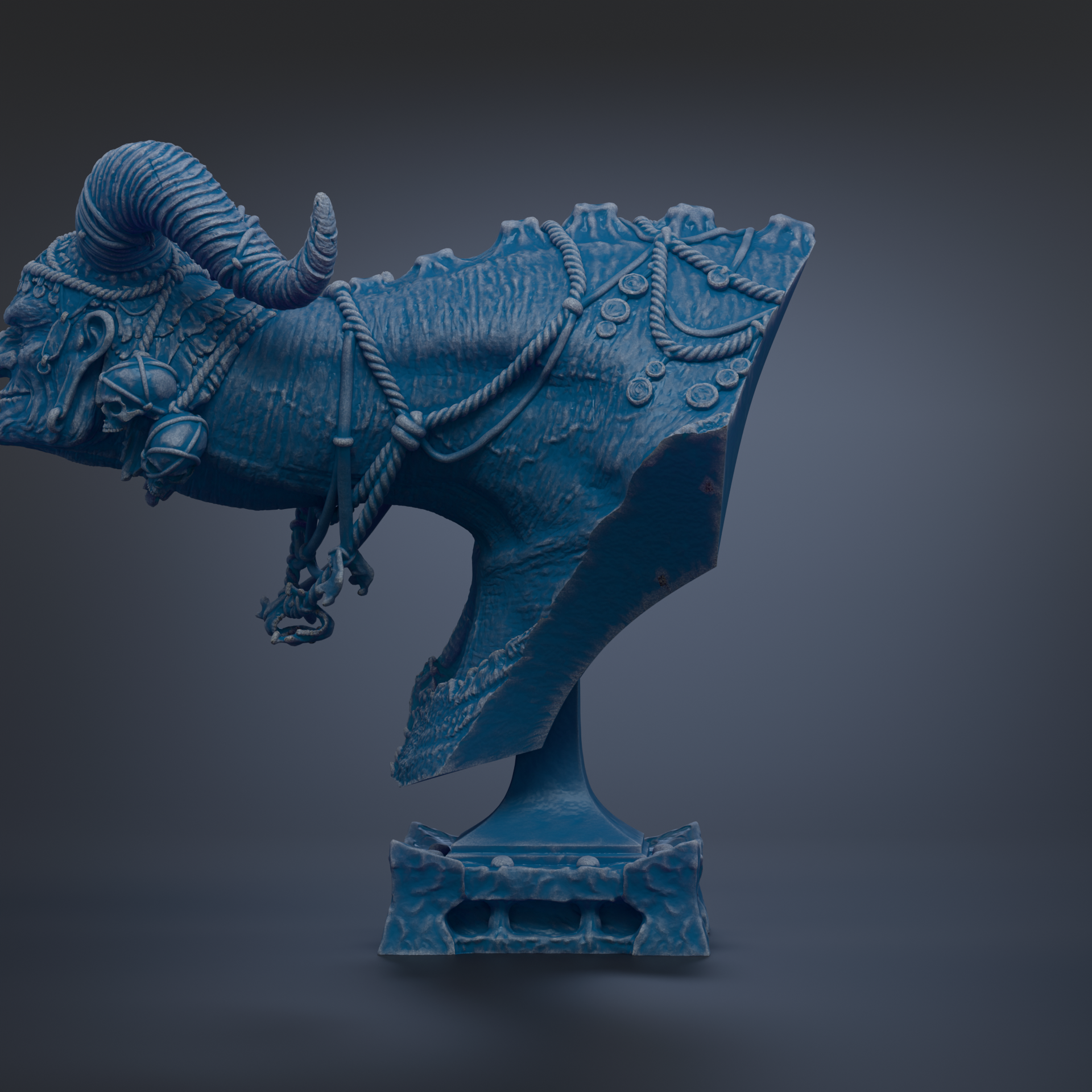 A blue, sculpted statue of a ram or ram-like creature, with intricate details and a textured surface.