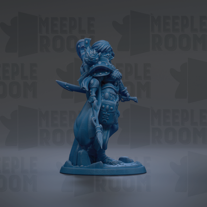 A blue figurine of a warrior standing on a rock, holding a sword and shield, against a dark background with repeated text.