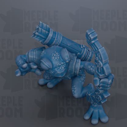 A blue, 3D-rendered character with a large gun-like weapon, standing on one leg and holding a smaller weapon in its other hand.