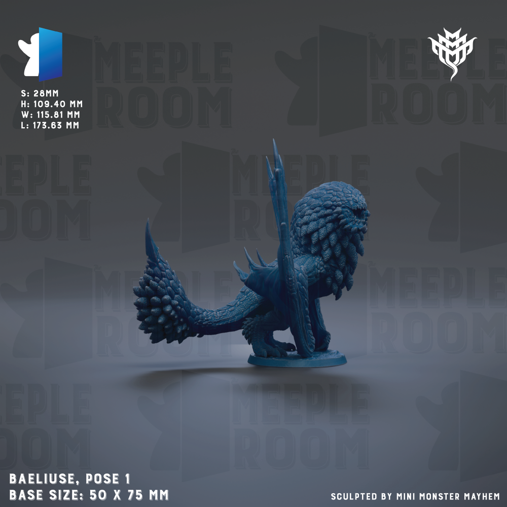 a blue, fantastical creature resembling a dragon or serpent, with sharp teeth and spikes, standing on a base. The creature is positioned in a dynamic pose, with its tail curled around its body. The background is a dark gray color, providing a stark contrast to the vibrant blue of the creature. The image is described as a "collage of multiple images" and "sculpted by mini monster Mayhem", suggesting that it is a unique and intricate piece of artwork. The base size of the creature is 50 x 75 mm.
