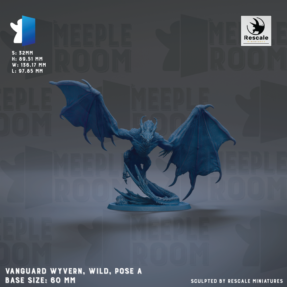 a blue dragon statue with wings spread wide, standing on a base. The dragon appears to be a wild, poseable character. The image is described as a "sculpted by Rescue" and "rescale" based on the text provided. The base size of the statue is 60mm.
