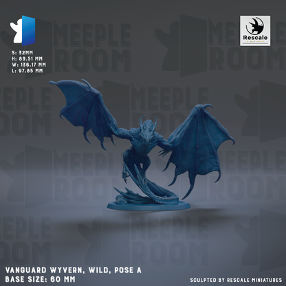 a blue dragon statue with wings spread wide, standing on a base. The dragon appears to be a wild, poseable character. The image is described as a "sculpted by Rescue" and "rescale" based on the text provided. The base size of the statue is 60mm.
