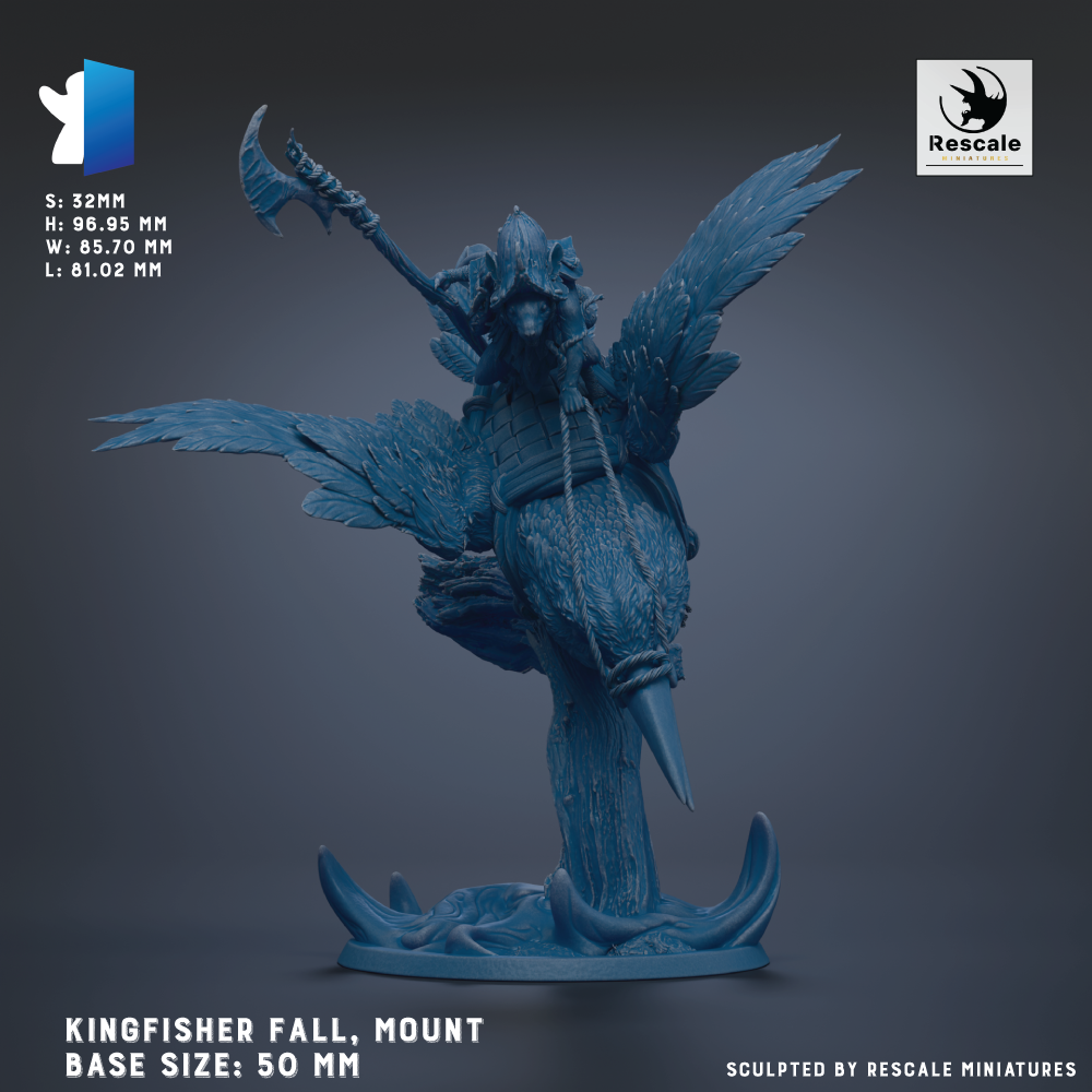 The image is a 3D model of a Kingfisher figurine, which is a fantasy creature with the body of a bird and the head of a lion. The figurine is mounted on a base that is 50 millimeters in size. The base is described as being sculpted by Rescue miniatures.