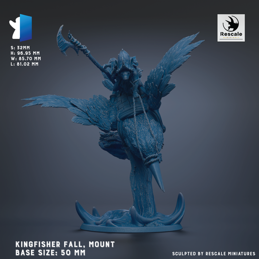 The image is a 3D model of a Kingfisher figurine, which is a fantasy creature with the body of a bird and the head of a lion. The figurine is mounted on a base that is 50 millimeters in size. The base is described as being sculpted by Rescue miniatures.