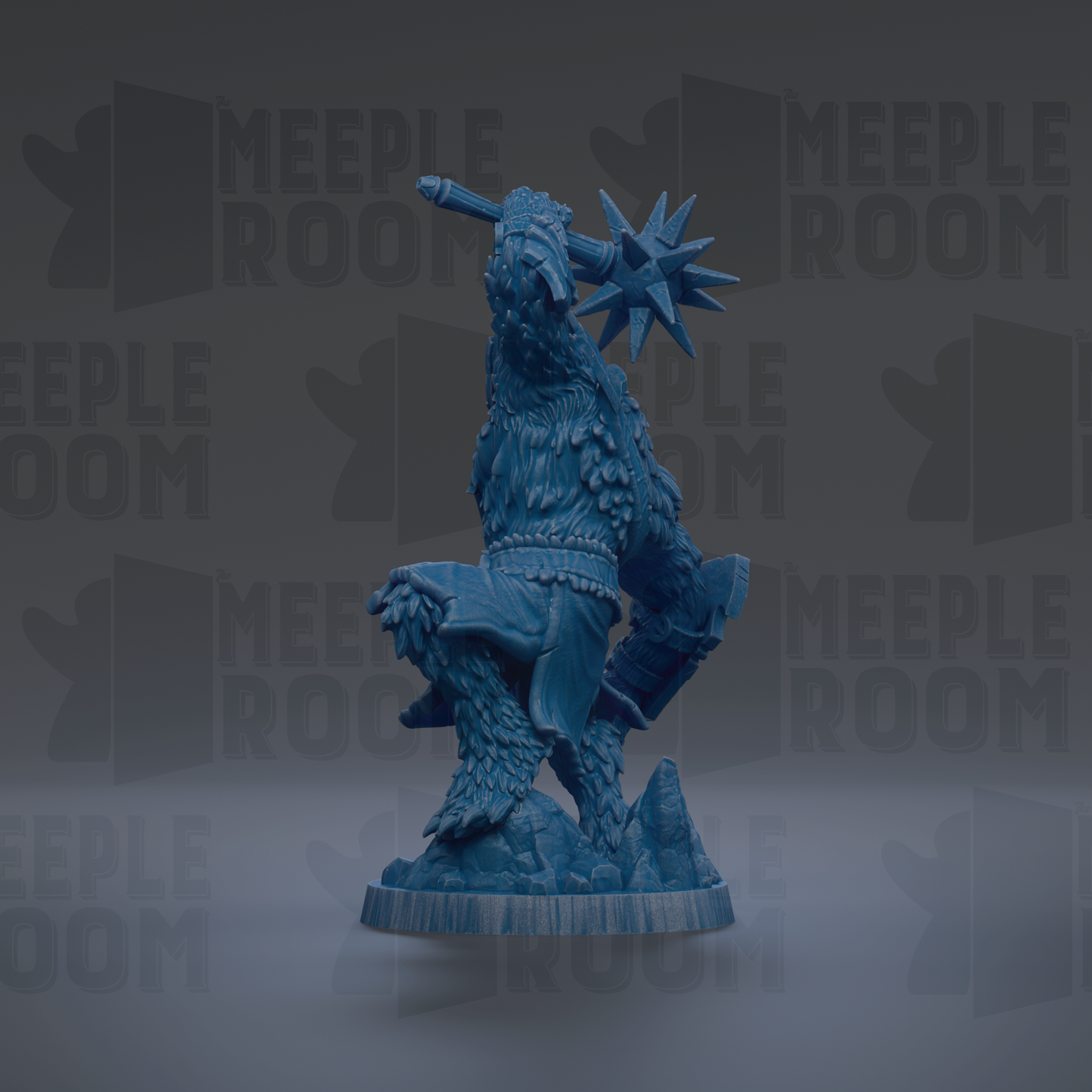 A blue, 3D-rendered statue of a fantastical creature with a large head and sharp teeth, holding a weapon in its hand.