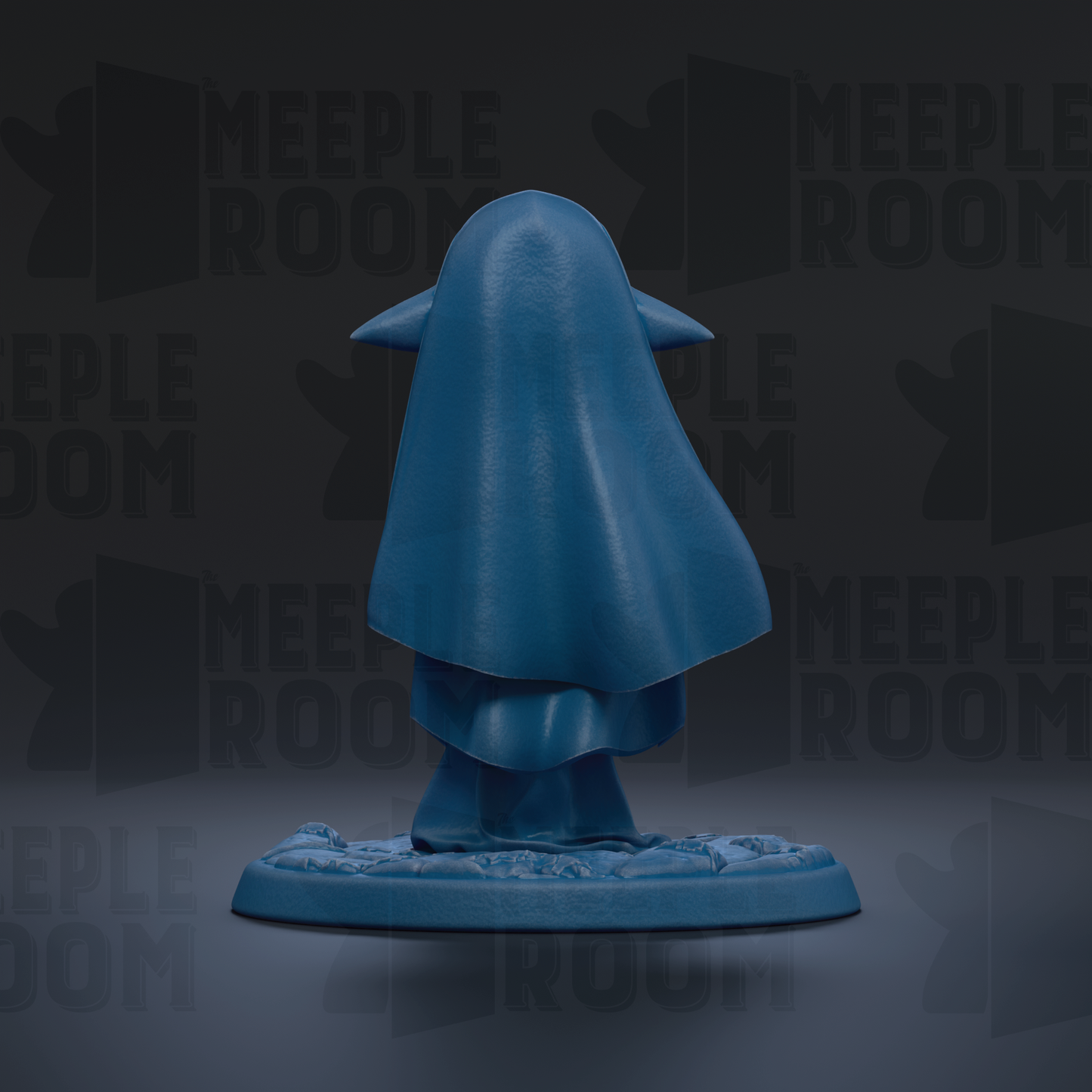 A blue figurine of a person with a hooded cloak, standing on a base against a dark background with repeated text.