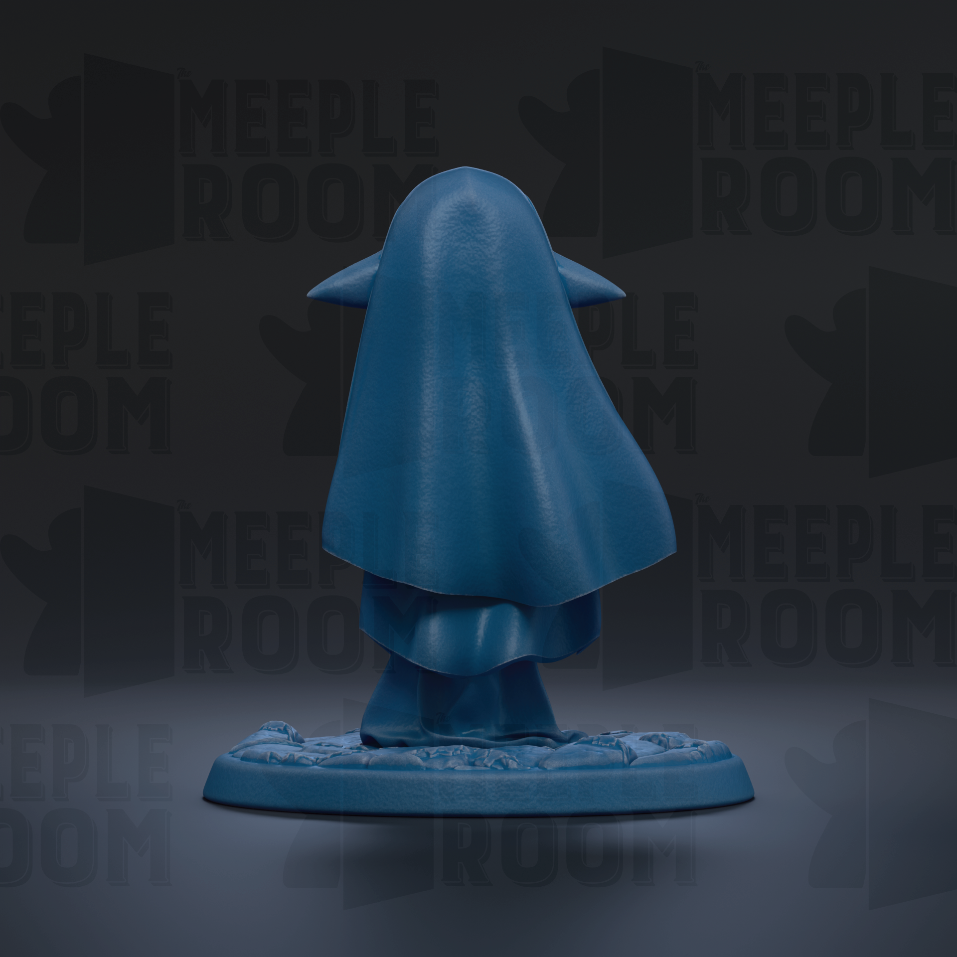 A blue figurine of a person with a hooded cloak, standing on a base against a dark background with repeated text.