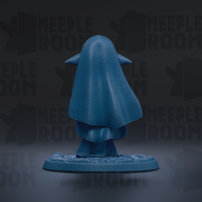 A blue figurine of a person with a hooded cloak, standing on a base against a dark background with repeated text.
