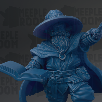 A detailed 3D rendering of a wizard-like character holding a book and wearing a large hat.