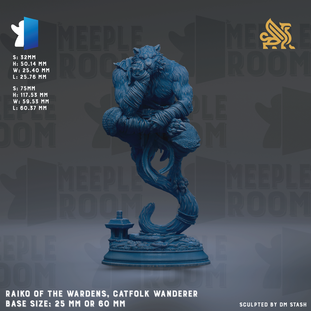 a blue statue of a warding, a fictional creature from the fantasy world of the Meeple Room, with a warding's head and a warding's tail. The statue is described as a "Catfolk Wanderer" and is shown in a base size of 25mm or 60mm.